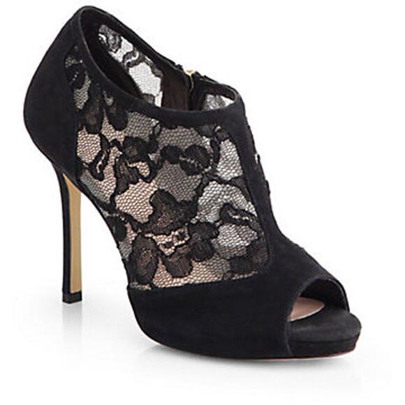 Kate Spade Florentina Lace Peep Toe Bootie Black Italy Suede Women 5.5 - Picture 1 of 9